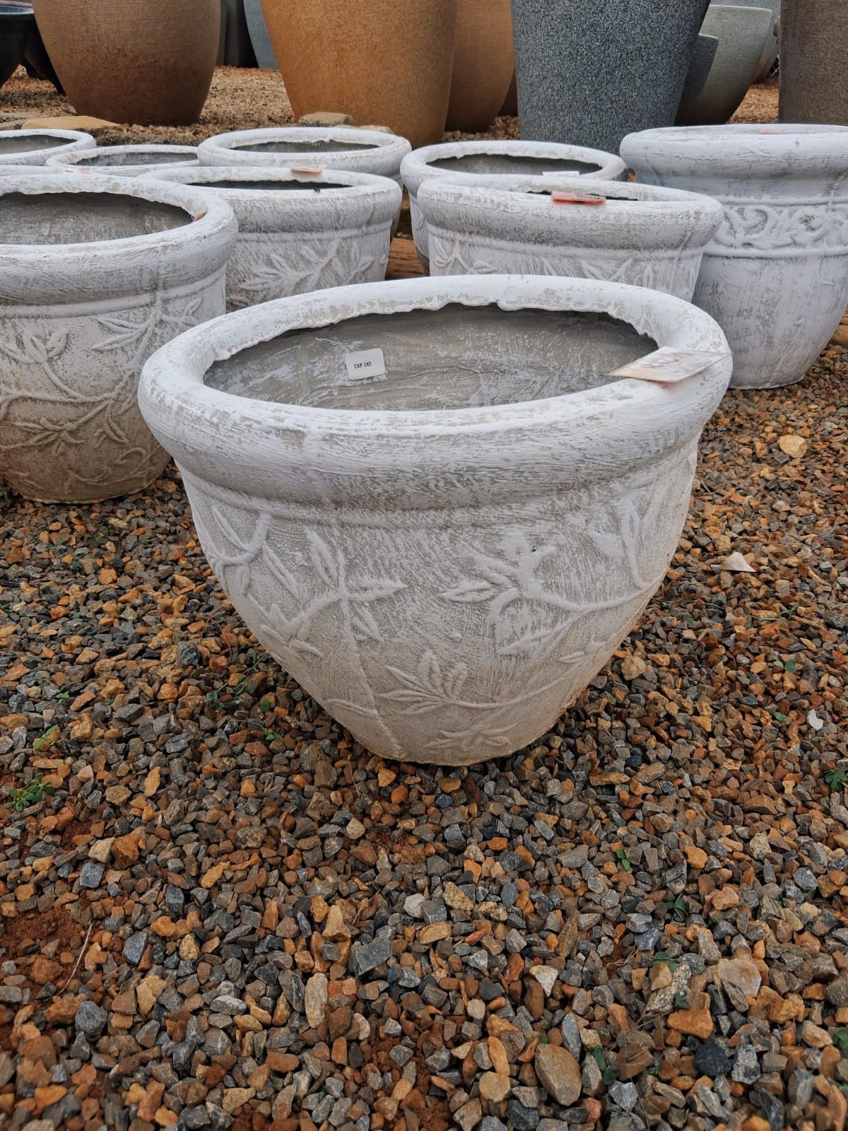 Medium Round Concrete Leaf Pattern Pot White (CAP243)