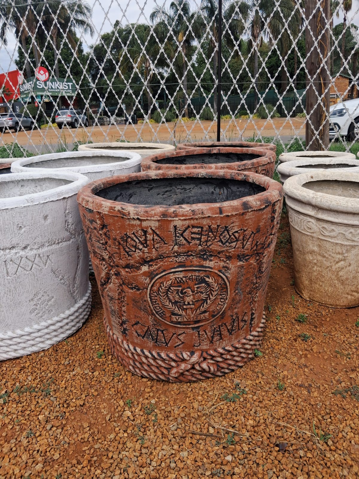 Large Round Concrete Pot with Viking Symbols – Brown (CAP268)