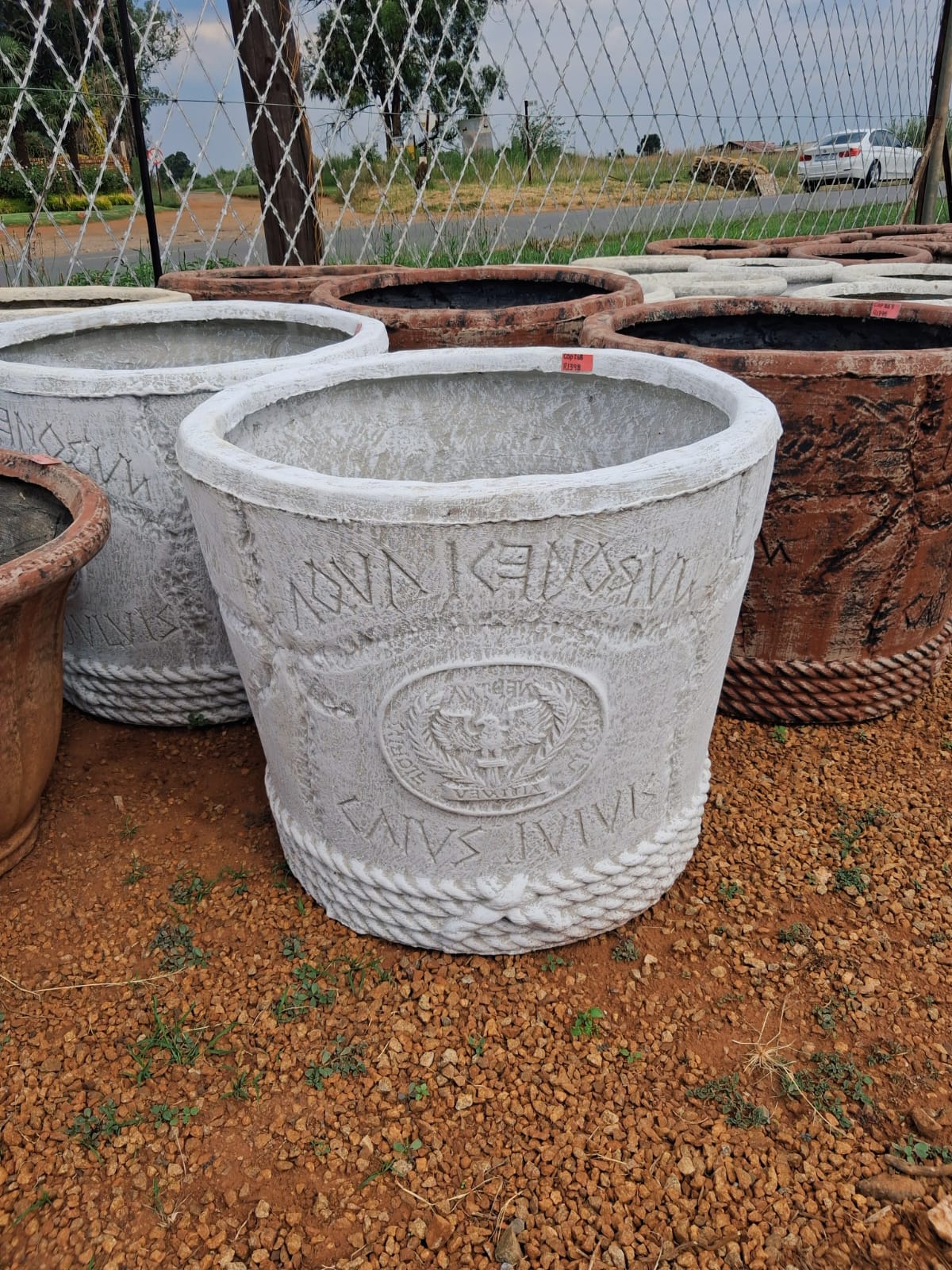 Large Round Concrete Pot with Viking Symbols – White (CAP268)